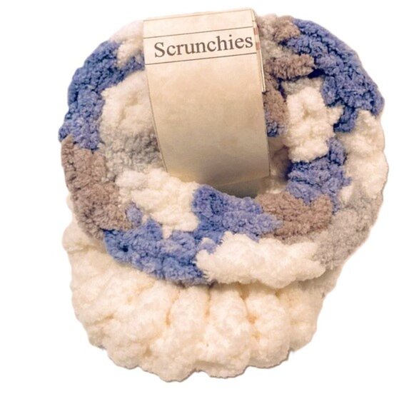 Fuzzy Chenille Scrunchies Camo Blue Gray White and Ivory Cream Handmade NEW - Picture 1 of 7